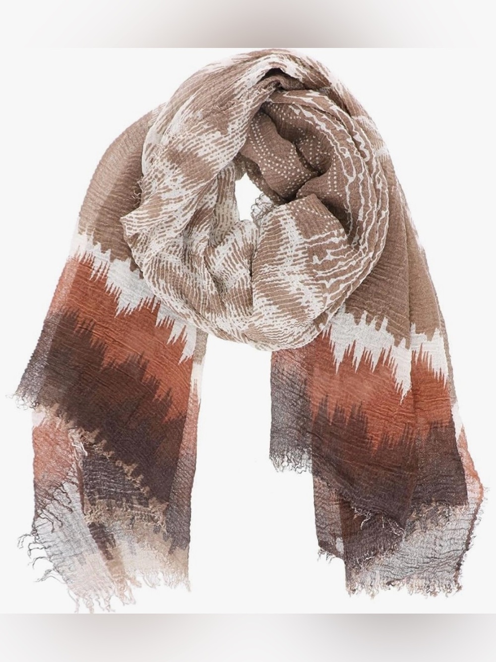 chic Ombre Beige, Rust & Brown Textured Fringe Scarf 60 long x 36 wide inches